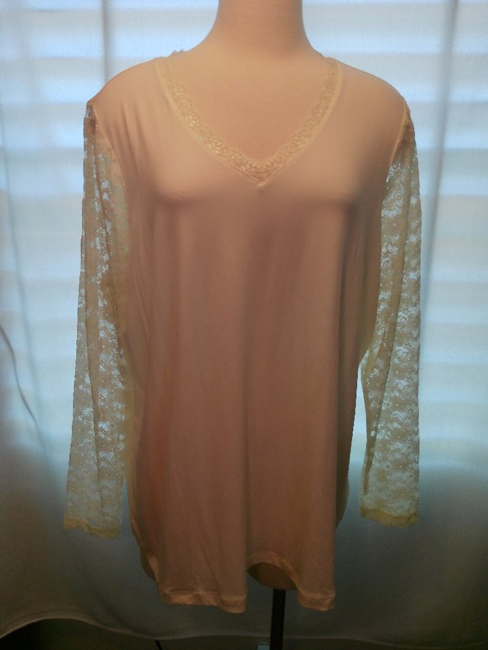 Blouse Susan Graver V-Neck Top with Lace Sleeves Ivory Size 1X